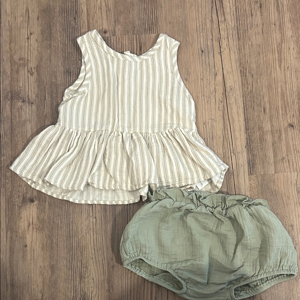 Quincy Mae Cream Striped Top and Sage Bloomers